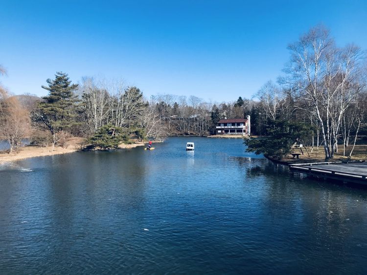 真紀とすずめと別府司と家森諭高が記念写真を撮った湖畔